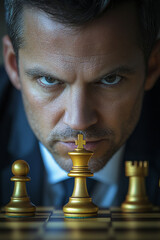 Businessman in a suit stares at a golden chessboard