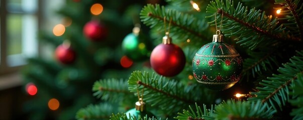 Fototapeta premium Green and red ornaments on a Christmas tree decorated with natural elements, evergreen branches, seasonal items