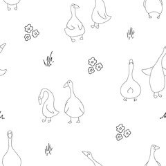 Goose Seamless Pattern. Cute Cartoon geese, Vector Illustration Background.