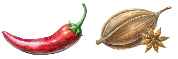 Colorful chili pepper, aromatic star anise, detailed watercolor illustration, culinary herbs, spice collection, food art.