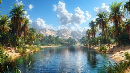 Obraz premium Oasis, desert river, palm trees, mountains, sunshine, wildlife.