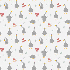 Goose Seamless Pattern. Cute Cartoon geese, Vector Illustration Background.