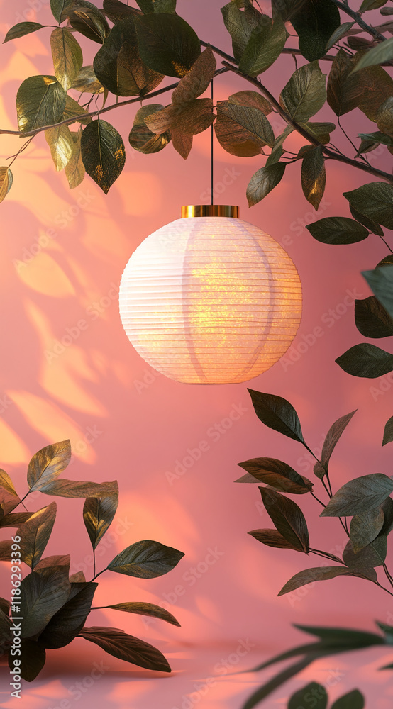 Poster illuminated paper lantern with green foliage on a pink background