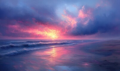 Fototapeta premium Pink and purple sunset over ocean waves.