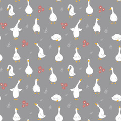 Goose Seamless Pattern. Cute Cartoon geese, Vector Illustration Background.