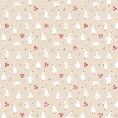 Goose Seamless Pattern. Cute Cartoon geese, Vector Illustration Background.