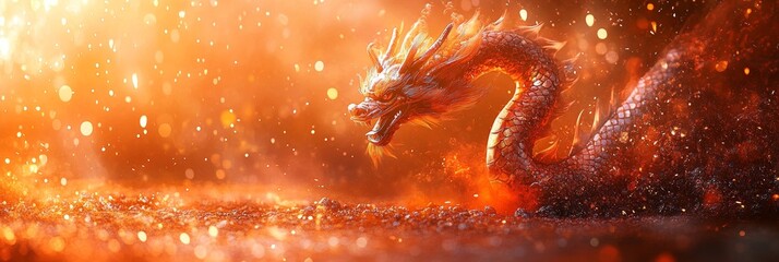 Majestic Golden Dragon Emerges from Fiery Background, Lunar New Year 2024, Copy Space