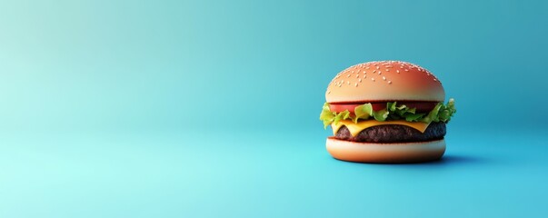 Delicious colorful gourmet burger isolated on a bright blue background with a minimalistic style perfect for food related themes and advertising needs A mouthwatering visual treat