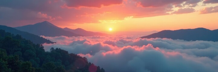 Fototapeta premium Misty dawn breaks over a serene landscape with clouds, serene, cloudy, soft glow