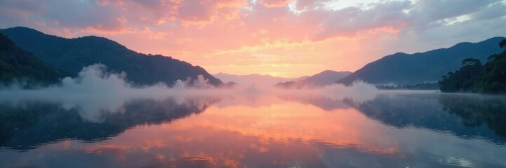 Obraz premium Misty dawn on Lagoa Rodrigo de Freitas lakefront, mist, calm, natural