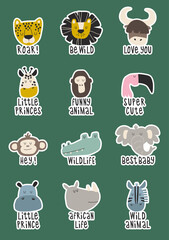 Cute faces of African animals large set. Hand drawn stickers with animals and funny lettering.