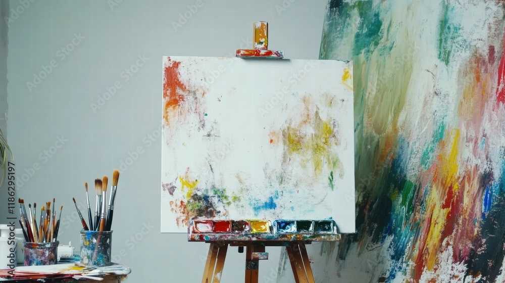Leinwandbilder creative workspace filled with colorful paint palettes brushes and an easel ready for artistic expre