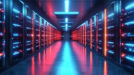 Fototapeta premium High-tech data center with rows of powerful server machines, a futuristic and high-end design, blue lighting creating an atmosphere of advanced technology