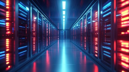 High-tech data center with rows of powerful server machines, a futuristic and high-end design, blue lighting creating an atmosphere of advanced technology