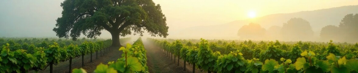 Naklejka premium Misty morning in a California vineyard with an oak tree and sprawling vines covered in dew drops, peaceful, foggy, oak