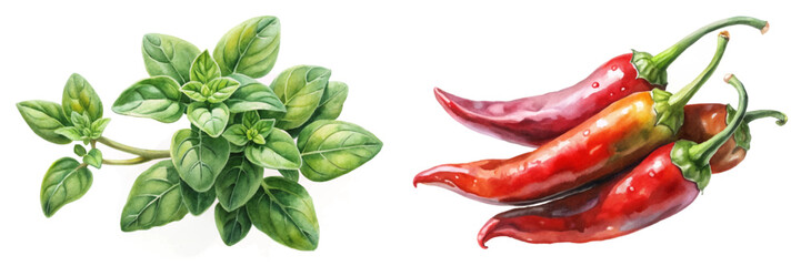 Fresh herbs illustration, vibrant green leaves, red chili peppers, watercolor style, culinary use, botanical art.