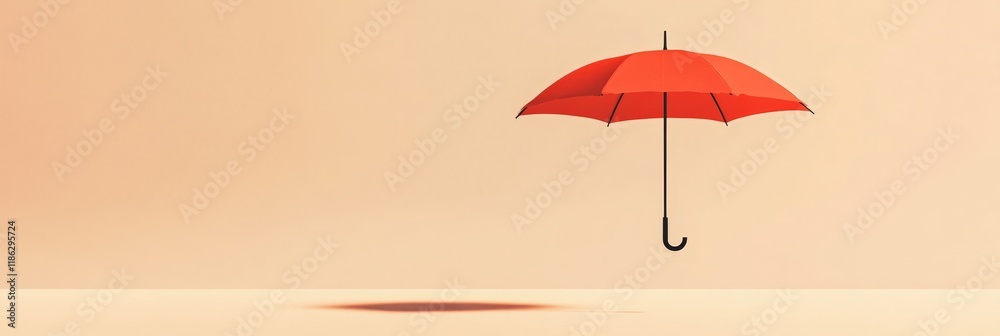 Poster red umbrella floating in a minimalist peach studio setting, casting a subtle shadow, symbolizing saf