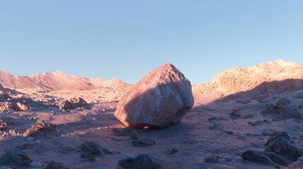 A desert landscape glows at sunset over barren terrain. A large rock on a desolate, colorful landscape at sunset.