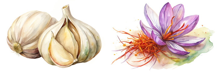Garlic bulbs, saffron flower, watercolor illustration, organic produce, culinary herbs, vibrant colors, natural beauty.