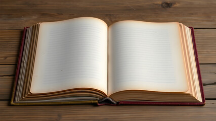 Open vintage book with blank pages for text on wooden background. Empty book mockup. 