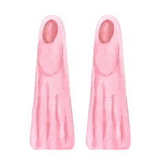 Diving flippers pink watercolor illustration isolated on white. Hand drawn high quality clip art perfect for packages, summer beach themed cards, posters, ads, blog posts decor and design. Pink lady