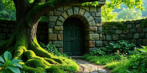 Naklejka premium Moss-covered stone wall in overgrown landscape, tree, stone wall