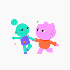 Playful couple dancing, symbolizing love, joy, and connection, perfect for family, relationships, and celebration themes, flat vector illustration, isolated on white background.