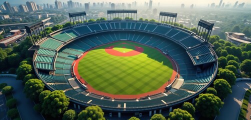 Aerial view of baseball stadium. Empty field. Surrounding area has trees and buildings. Cityscape in background. Looks like a sunny day. Possible vacation destination or sports event.