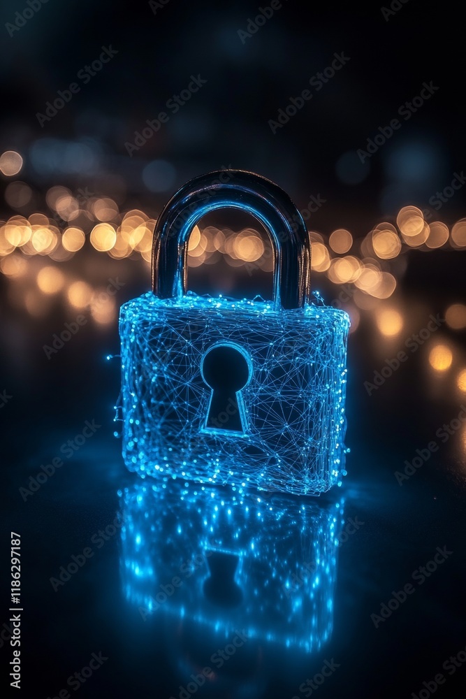 Poster digital padlock with glowing data nodes on dark reflective surface with bokeh, cybersecurity concept
