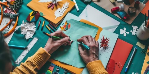 Obraz premium A person crafting with colorful papers and tools, creating intricate designs and decorations.