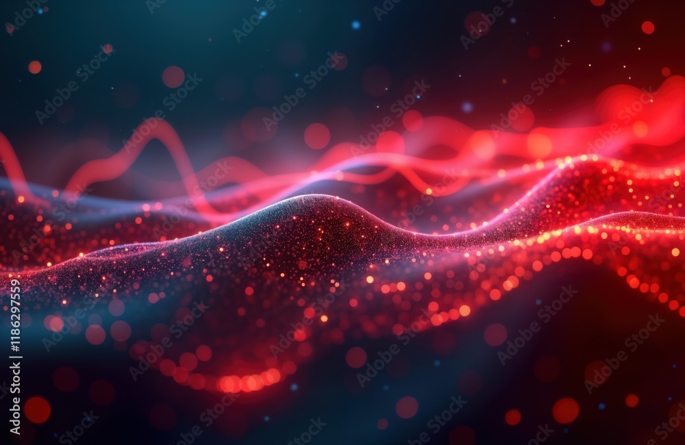 Aufkleber Abstract futuristic background displays glowing red neon wave lines. Dynamic high-speed data transfer concept visually depicted through motion, energy. Bokeh lights create shimmering effect. Design