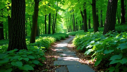 Fototapeta premium Narrow stone path winding through dense forest foliage, trees, forest, path