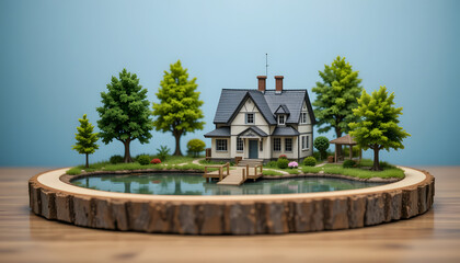 Fototapeta premium Miniature house model by a lake on a wooden base.