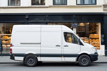 white delivery van city street bakery storefront background