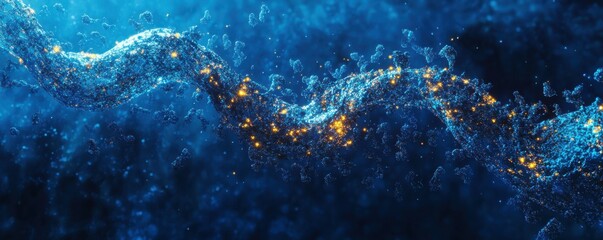 Obraz premium DNA structure, genetic research, molecular biology, glowing particles, blue background, abstract science illustration This image features a dynamic representation of DNA strands