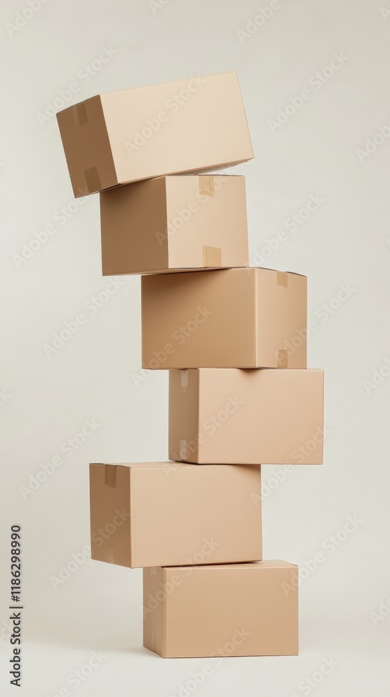 Poster six levitating cardboard boxes precariously balanced against a minimalist white backdrop, symbolizin