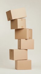 Obraz premium Six levitating cardboard boxes precariously balanced against a minimalist white backdrop, symbolizing instability and defying gravity in packaging and delivery concepts
