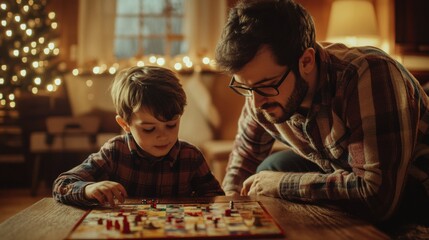 Father and son playing a board game at home, cozy living room setting with warm lighting, creating a bonding moment --ar 16:9 --v 6.1 Job ID: 6ac046fd-b1de-45ec-ad24-3e4ea2027826