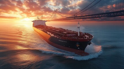 Fototapeta premium Sunset, tanker ship, ocean, bridge, dramatic sky.