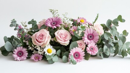 Floral arrangement on a white background, with pink roses, daisies, and eucalyptus leaves, soft shadows adding depth to the composition --ar 16:9 --v 6.1 Job ID: 993b7787-2b0d-4c87-96d5-9aa7274f27bd
