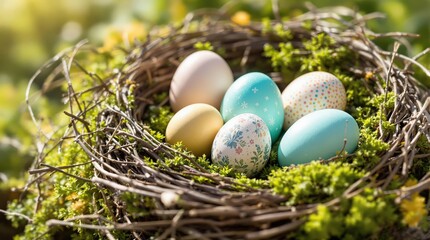 Pastel Easter eggs nestled in a bird's nest, surrounded by spring greenery. Perfect for Easter cards, blogs, and spring-themed designs. Happy Easter!