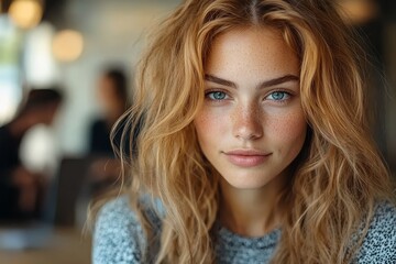 Fototapeta premium Portrait of a Young Woman with Freckles and Wavy Auburn Hair in Casual Setting
