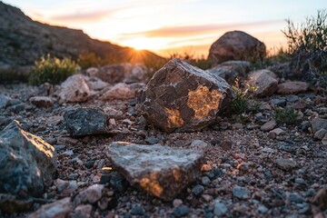 Naklejka premium A desert landscape glows at sunset over barren terrain. Sunset over rocky terrain with textured stones in the foreground.