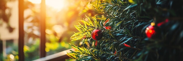 Beautiful Christmas Ornaments Hanging on Lush Green Branches with Soft Gold Sunlight Illuminating a Cozy Winter Scene Outdoors