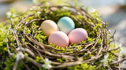 Pastel Easter eggs nestled in a bird's nest, surrounded by spring greenery. Perfect for Easter cards, blogs, and spring-themed designs. Happy Easter!