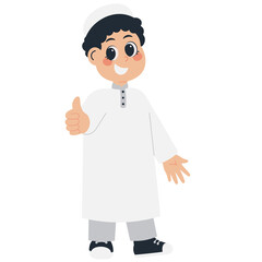 Happy boy in traditional Muslim clothing giving thumbs up.