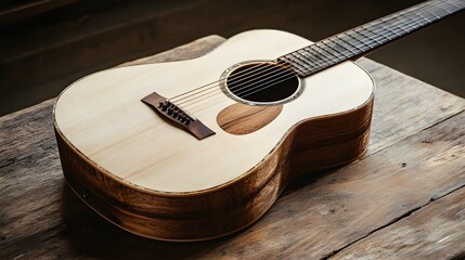 Acoustic Guitar on Wooden Surface Showing Detail