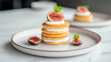 Delicious stack of pancakes topped with fresh figs and mint leaves, perfect for brunch.