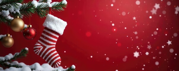Red and white striped stockings hanging from a snow-laden Christmas tree on a snowy red background, branches, holiday