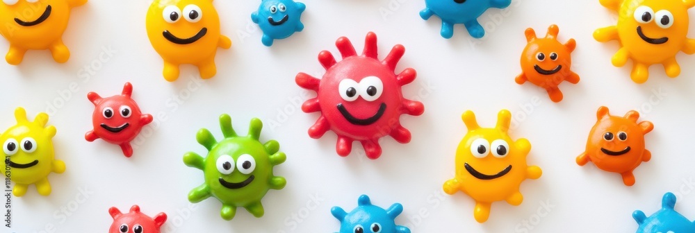 Poster bright and cheerful microbes with eyes and smiles create a vibrant display on a white background. ge